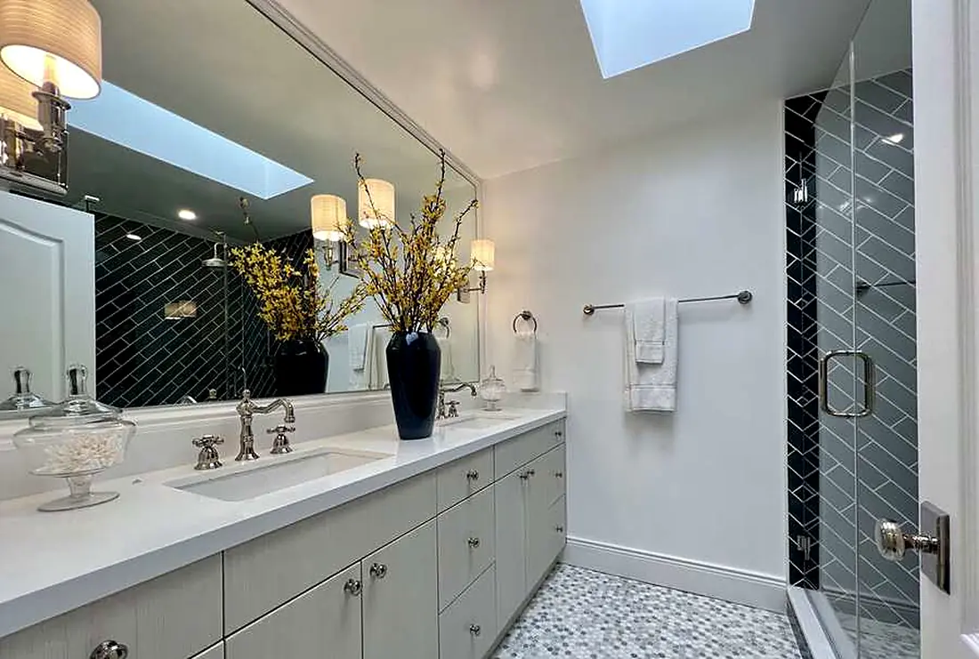 Primary bathroom vanity and shower, Encino