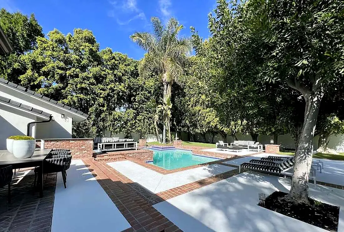 Pool deck with shade trees, Encino